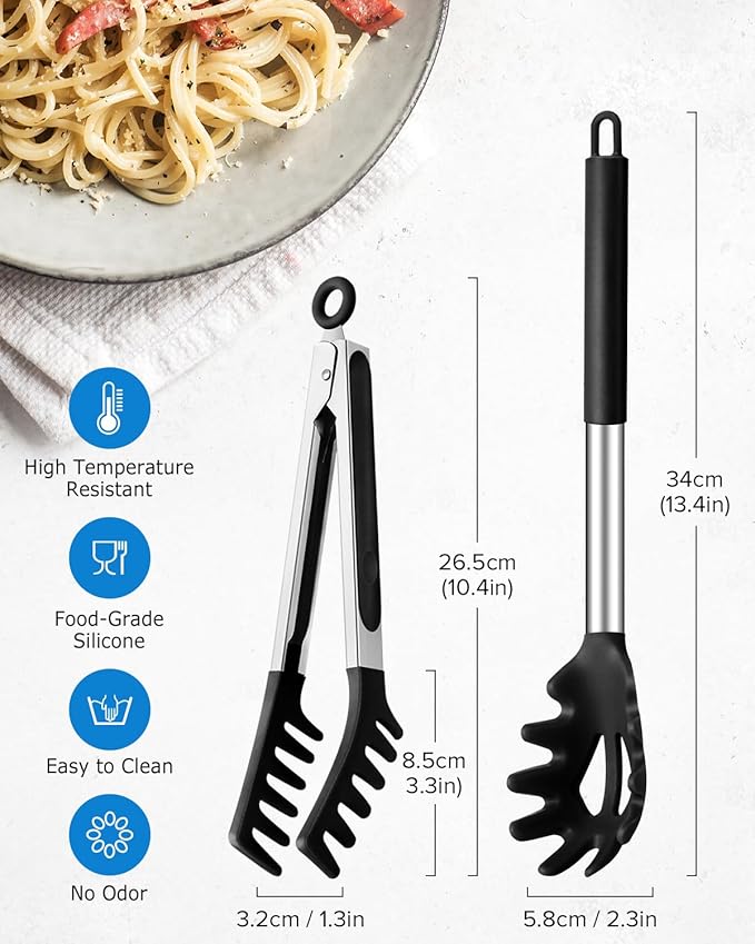 Spaghetti Spoon and Pasta Tong, 2 Pack (BLACK)