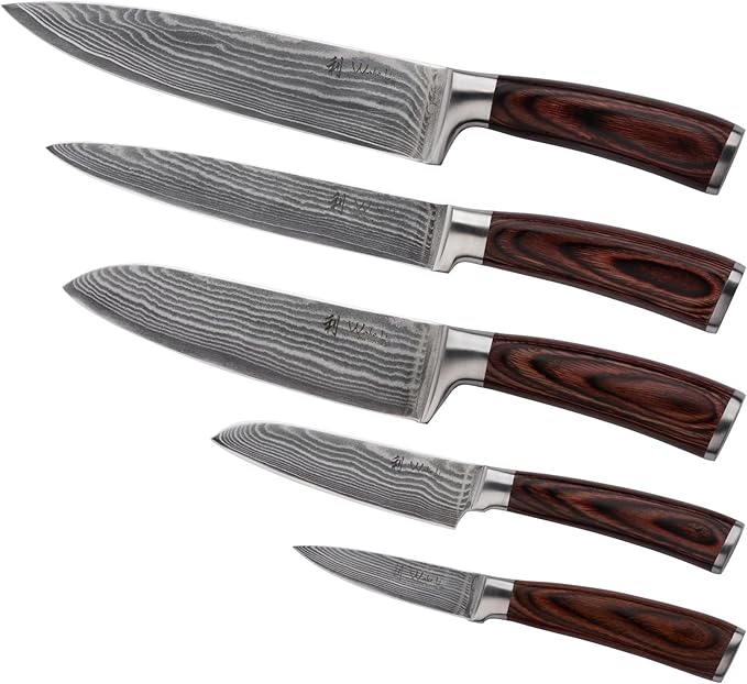 Wakoli EDIB Damascus Knife Set, 5-Piece VG10 Steel Knives, Wooden Gift Box