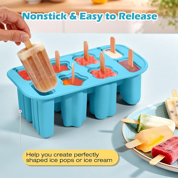 Firstfooby Popsicles Molds, 8-Cavity Silicone Popsicle Molds with 50 Sticks, BPA-Free Ice Pop Mold Popsicle Maker with Funnel & Cleaning Brush for Kids Adult Teens