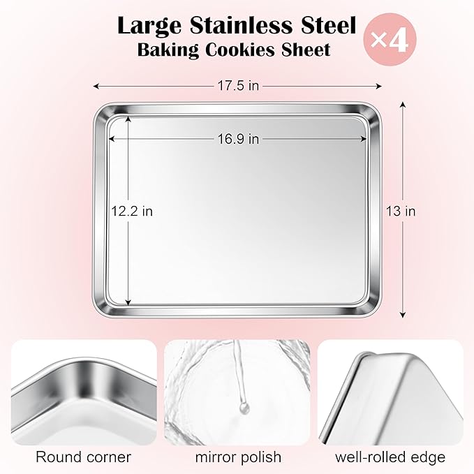 E-far Stainless Steel Baking Sheet, 18"x13" Cookie Sheet for Baking, 4PCS