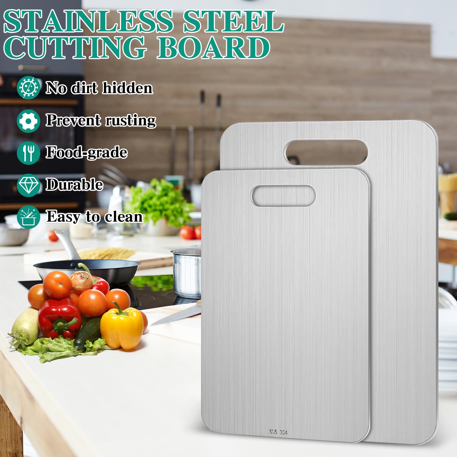 Yaocom 2 Pcs Stainless Steel Cutting Board for Kitchen 304 Steel Chopping Dishwasher Safe Metal Cutting Board Set for Kitchen Meat Fruit Vegetable (13.4"x9",11.8"x7.9")