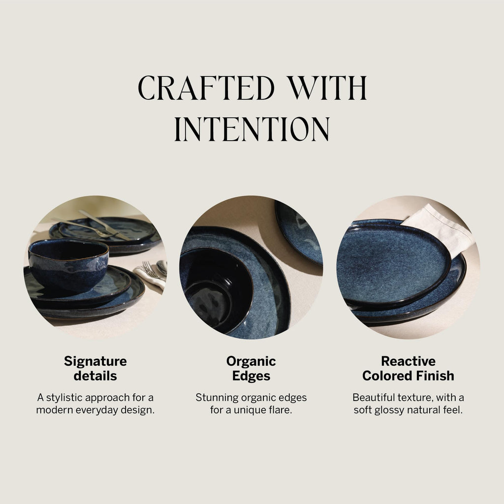 Stone Lain Mirella 24-Piece Stoneware Dinnerware Set, Service for 8 – Reactive Glaze, Deep Blue – Includes Dinner Plates, Salad Plates, and Bowls – Modern Organic Design