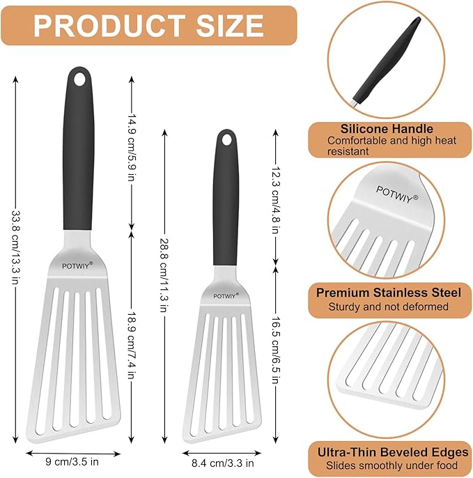 POTWIY Stainless Steel Spatula Set, 13.3" Large & 11.3" Small Slotted Fish Turner with Silicone Handle, Metal Spatulas for Kitchen, Grilling, Cooking Utensils Flipper for Fish, Egg, Pancake (2 Pack)
