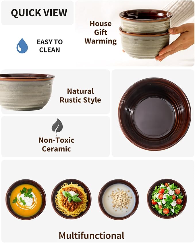 HASENSE Ceramic Cereal Bowls Set of 6, 20 oz Reactive Glaze Grey Soup Bowls