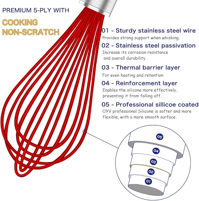 OYV Red Silicone Whisk Set of 3, 8/10/12 Inch, for Cooking Non-Scratch