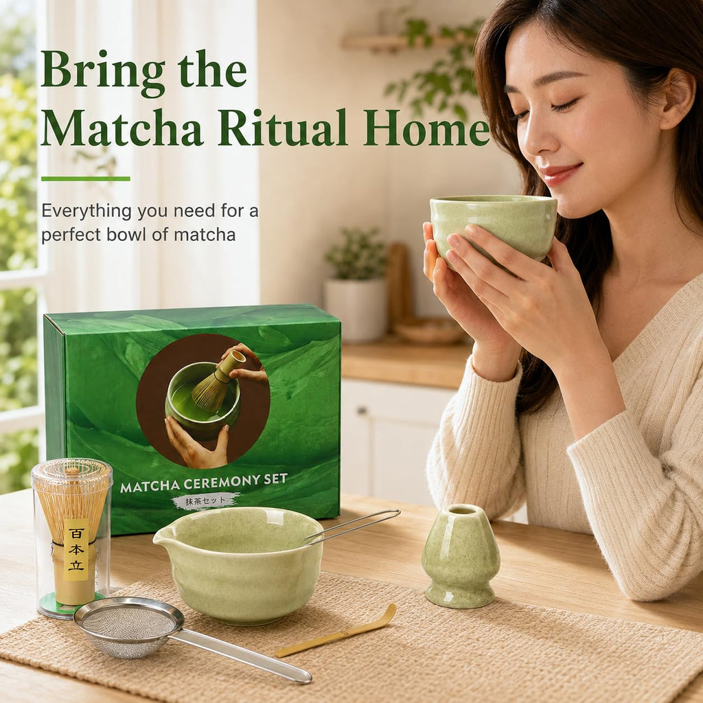 Rzoklot Matcha Tea Set – Japanese Matcha Bowl with Spout, Bamboo Whisk, Scoop, Holder & Strainer – Complete Ceremonial Matcha Kit for Beginners & Gift-Giving, Green