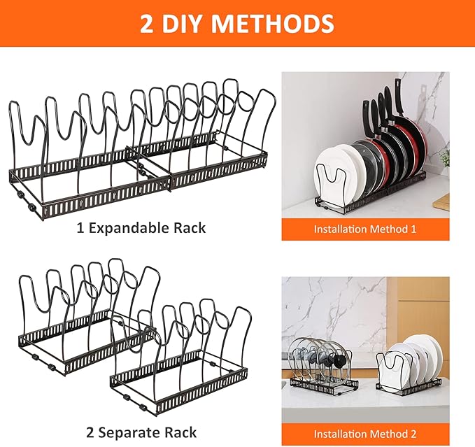 ROOHUA Pot and Pan Lid Organizer Rack for Under Cabinet, 12"-23" Expandable