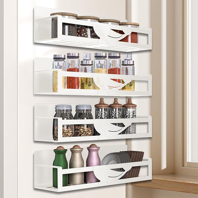 AURIKAR Magnetic Spice Rack for Refrigerator, 4-Pack Metal Seasoning Organizer for Kitchen Storage Organization, Space Saving Magnetic Shelf for Fridge, Pantry, Laundry Room, White