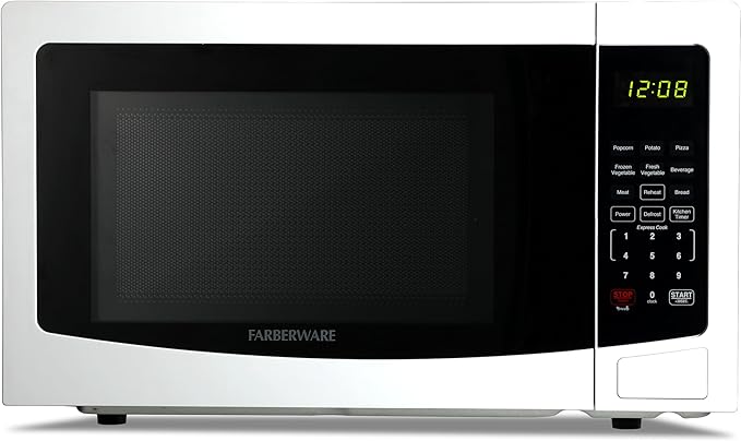 Farberware 1.1 Cu. Ft. Countertop Microwave Oven – 1000 Watts Power, Auto Cook Settings, Defrost, Easy Clean and Child Safety Lock - White