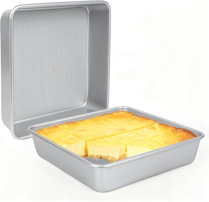 Logario 9 x 9 Inch Square Baking Pans, Set of 2, 0.8 mm Heavy-Duty Aluminized Carbon Steel Nonstick Brownie and Cake Pans, Textured Bottom, Oven Safe to 450°F, Silver