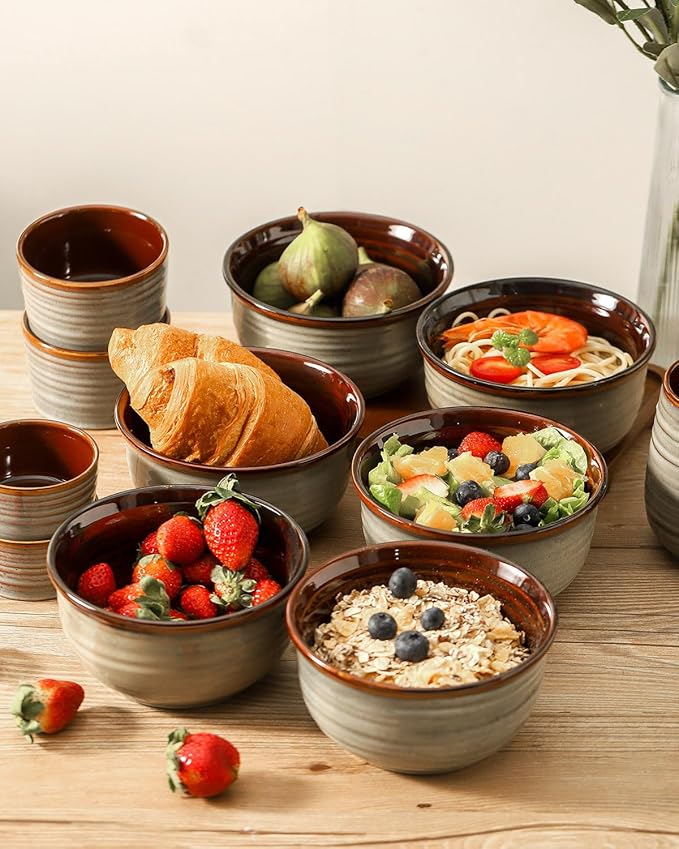 HASENSE Ceramic Cereal Bowls Set of 6, 20 oz Reactive Glaze Grey Soup Bowls