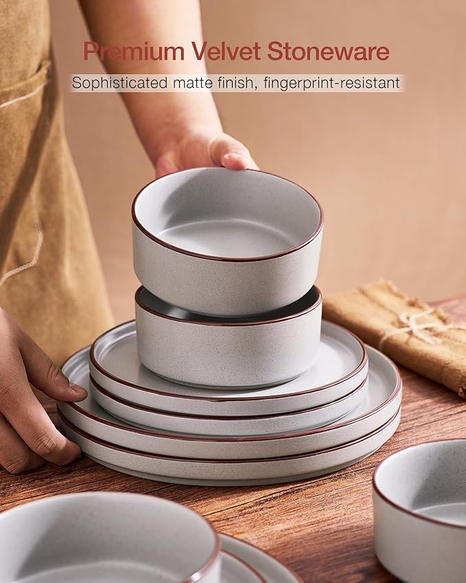 Famiware Nebula Ridge 12-Piece Stoneware Dinnerware Set, Light Gray