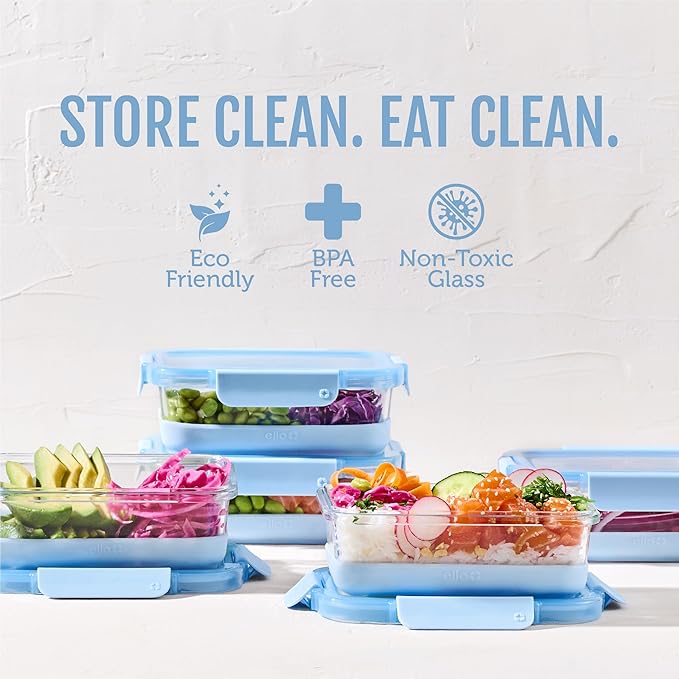 Ello Duraglass Refresh 3.4 Cup Meal Prep Containers, 10 Pc, Halogen Blue