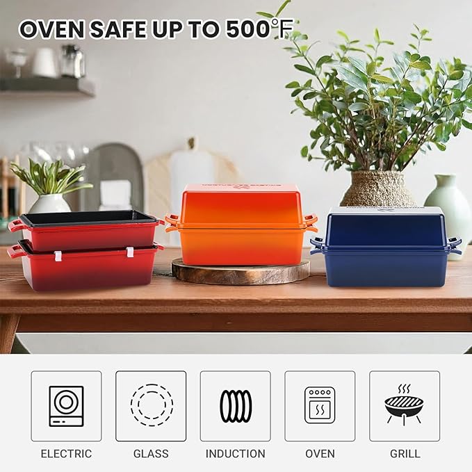 Northriver Casting 9x5 Inch Enameled Cast Iron Bread Loaf Pan with Lid, Perfect Sourdough Baking Pans | Even Heat Distribution for Homemade Bread, Cake, Meatloaf，2 Piece set，Red