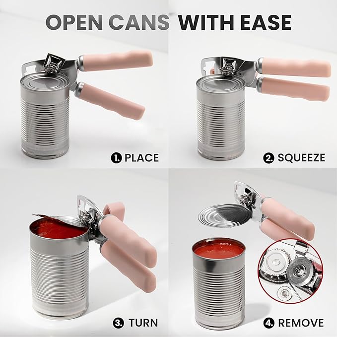Zulay Kitchen Heavy Duty Stainless Steel Can Opener Manual with Bottle Opener - Rust Proof Manual Can Opener With Turn Knob & Comfy Soft Grip Handles - Apricot Peach