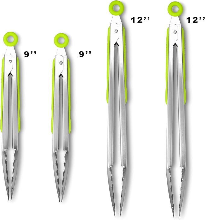 304 Stainless Steel Locking Kitchen Tongs, 9 & 12 Inch, 4-Piece, Green