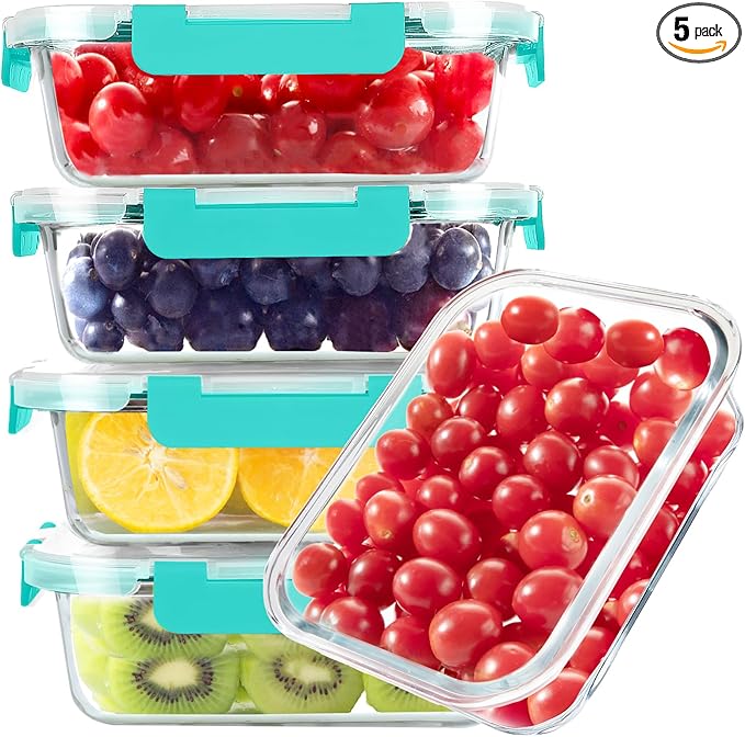 BAYZZ 5 Pack 35 Oz Glass Food Storage Containers with Lids, Green