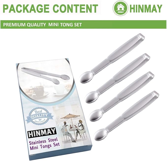 HINMAY Mini Tongs 5-3/4 Inch Stainless Steel Small Serving Tongs, Set of 4