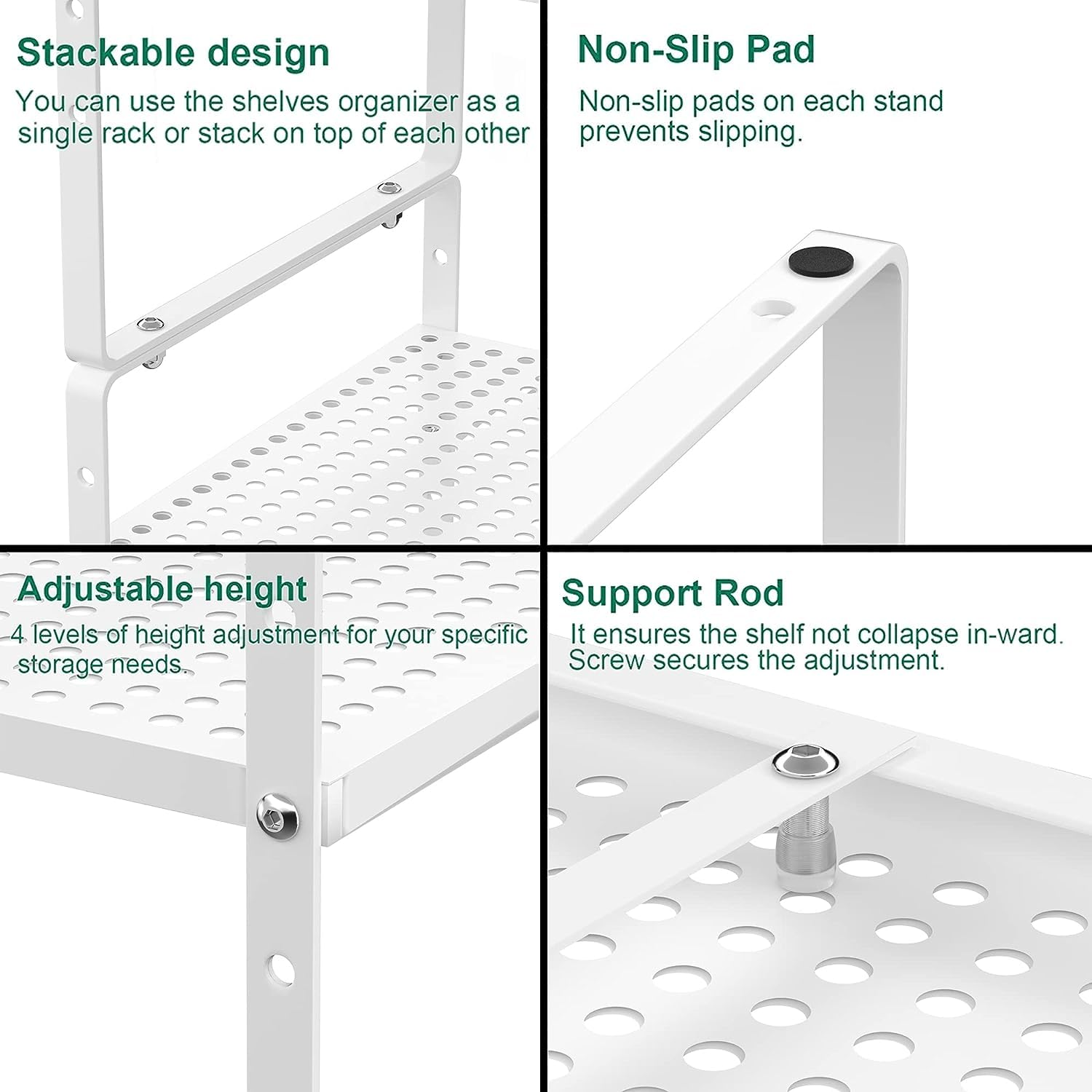 iPEGTOP Expandable Cabinet Storage Shelf Organizer Rack, Heavy Duty Stackable Steel Metal Spice Rack Adjustable Height Pantry Garage Shelf for Counter Kitchen Organization, White - 1 Pack