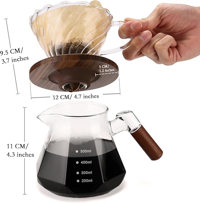 Lalord Pour Over Coffee Maker, 600ml/20oz Borosilicate Glass Set, Coffee Dripper with Walnut Collar, Glass Lid, 100 Paper Filters, 1-3 Cups, Clear