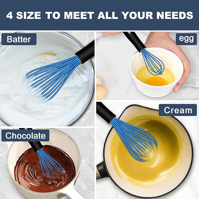 Eddeas Silicone Whisk, Non Scratch Whisk for Cooking, 5+7+9+11in Balloon Whisks, Suitable for Mixing, Blending. 11in Flat Whisks great for Ceramic Coated pans and Wider shallower pots. (Blue)