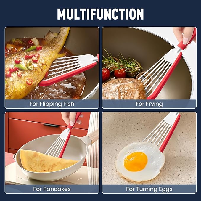 2-Piece Silicone Fish Spatula for Nonstick Cookware,Thin Slotted Turner,Red