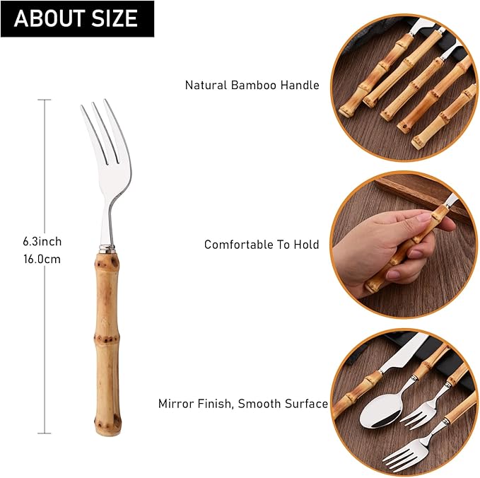 Uniturcky 8 PCS Small Fork, 6.3 Inches Stainless Steel Dessert Forks with Bamboo Handle, Kitchen Flatware Cutlery Set, Use for Tasting Cakes Fruits and Appetizer, Mirror Polished