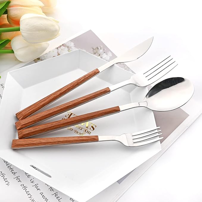 Snplowum 20 Piece (4 Set) Silver Stainless Steel Tableware With Wooden Handle, Wedding Cutlery And Daily Use, Silverware For Home Restaurant Party, Mirror Finished