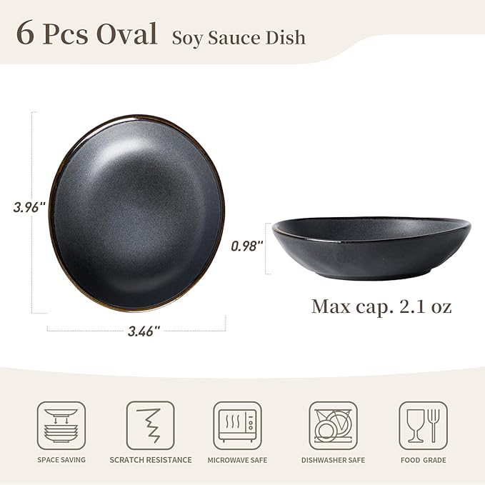 famiware Ceramic Soy Sauce Dish, 2.1oz Dipping Bowl Set of 6, Matte Black