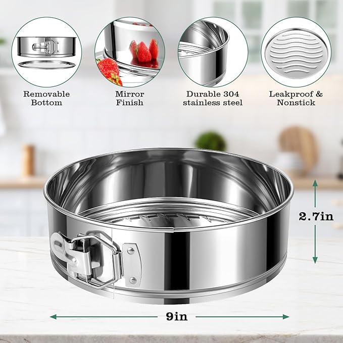 E-Gtong 9 Inch Springform Cake Pan, 304 Stainless Steel Springform Pans, Leakproof & Nonstick Cheesecake Pan with Removable Bottom, Round Spring Form Cake Pan For Baking