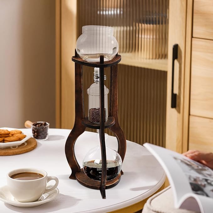 Netcoin Cold Brew Coffee Maker, 600 ml/20.29 oz Iced Coffee Tower Dripper Coffee Maker & Tea Maker 6-8 Cups, High Borosilicate Glass, Wood, 304 Stainless Steel, Copper - for Home Office (Brown)
