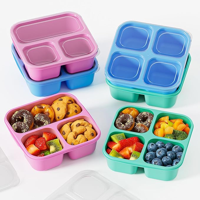 Canfanni 6 Pcs Snack Box Container Set, Reusable 3&4 Compartment Meal Prep Snack Containers for Adults Kids Toddler, BPA-Free Divided Lunchable Container for School, Work and Travel (Transparent Lids)