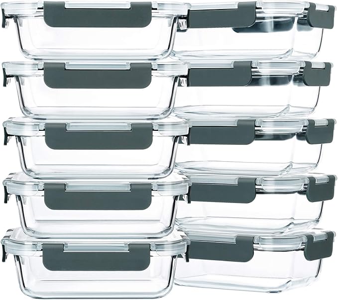 M MCIRCO 10 Pack,22 oz Glass Food Storage Containers with lids, Gray
