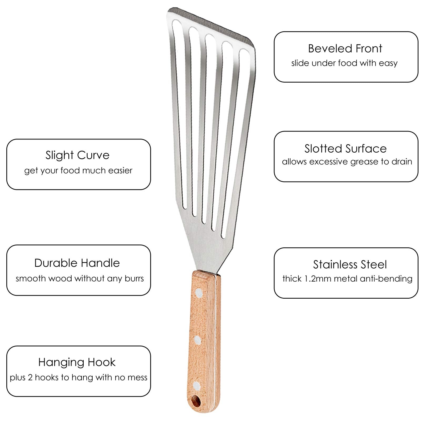 Fish Spatula Set of 2, HaSteeL Stainless Steel Slotted Spatula Turner with Riveted Wooden Handle, Professional Metal Spatulas Great for Kitchen Cooking Flipping Frying & Grilling, 2 x Hooks