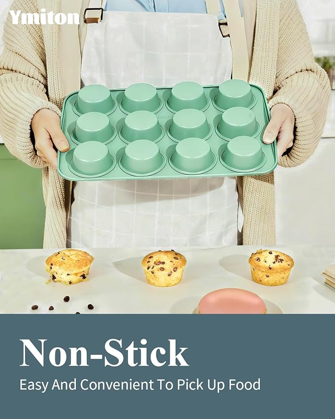 Ymiton Ceramic Nonstick Baking Pans Set, Non Toxic 33 PCS Stackable Bakeware Sets, 550°F Oven Safe Baking Sheet & Pans, Warp-Free, Dishwasher Safe, PTFE/PFOA/PFOS-Free (Green)
