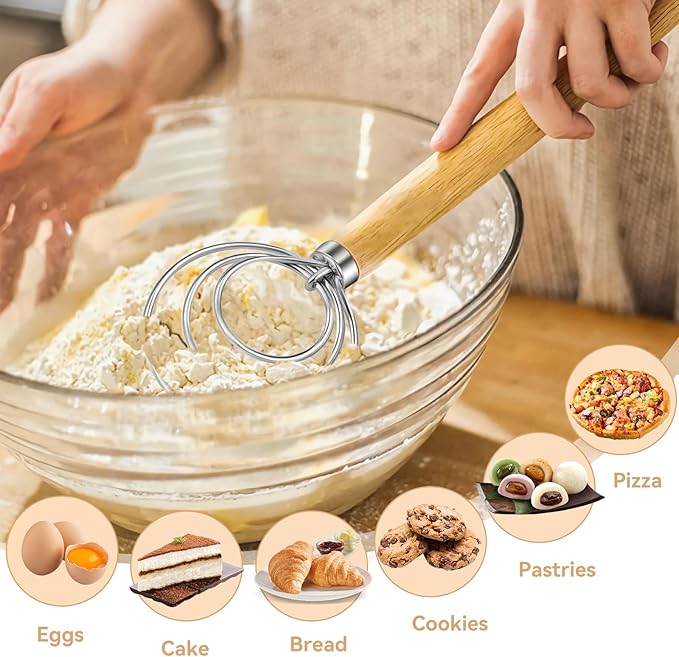 ANMIOU Danish Dough Whisk Dutch Bread Mixer Stainless Steel Hook Wooden Handle Baking Tools for Sourdough Pizza Pastry Cake Batter Making