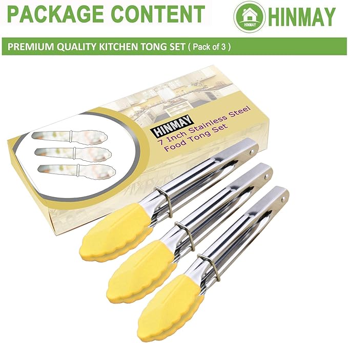HINMAY 7-Inch Mini Tongs with Silicone Tips, Set of 3 (Yellow)