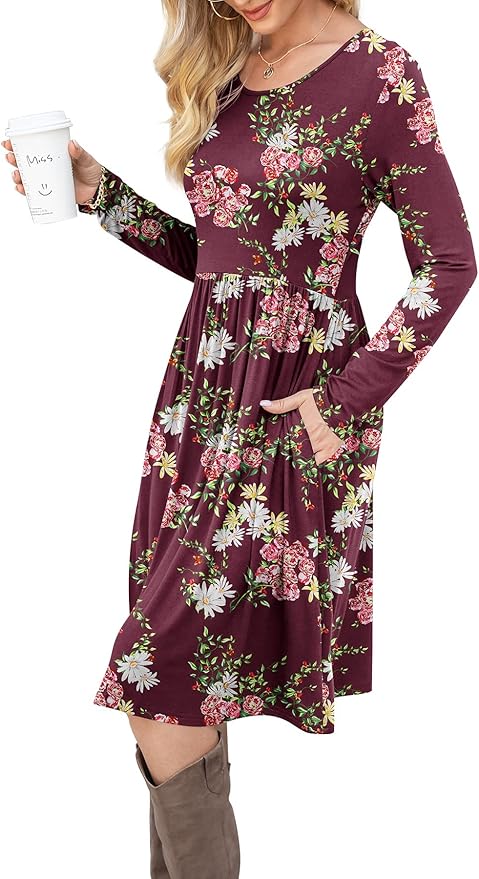 DB MOON Women Casual Long Sleeve Dresses Empire Waist Loose Dress with Pockets (Flower Wine Red, L)