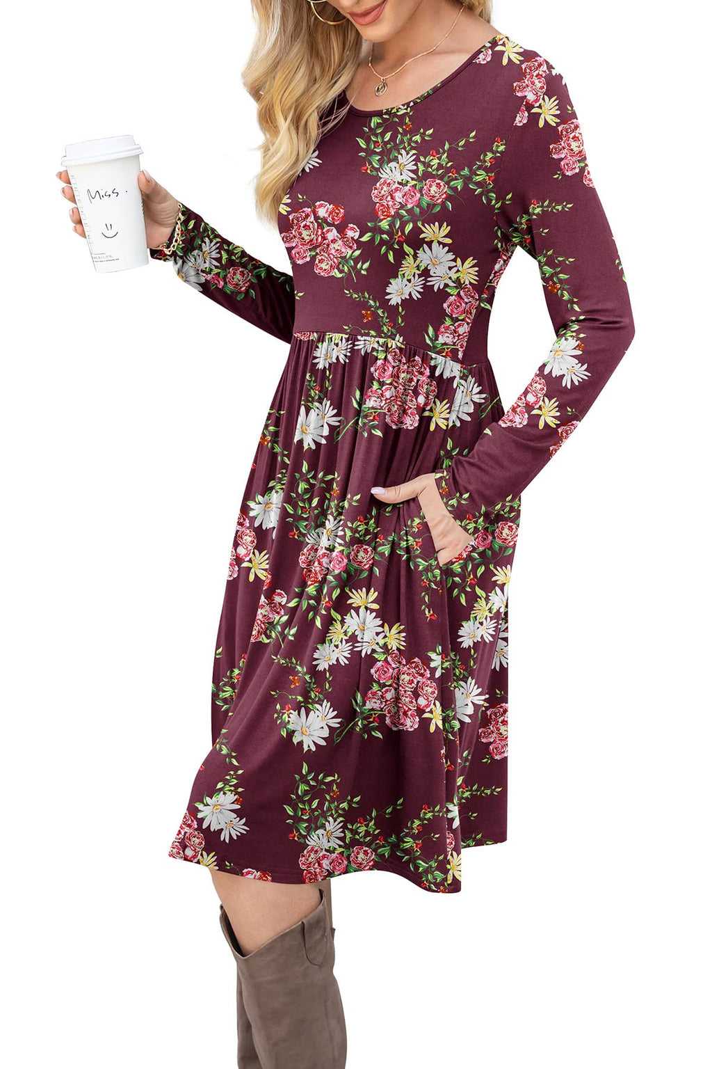 DB MOON Women Casual Long Sleeve Dresses Empire Waist Loose Dress with Pockets (Flower Wine Red, M)