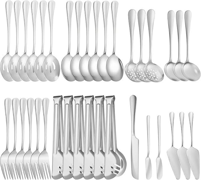 ZLMTZDJD 36-Piece Stainless Steel Serving Utensil Set – Complete Buffet Essentials with Spoons, Forks, Tongs, Ladle & More. Perfect for Wedding, Holiday, Catering, and Family Gatherings(Silver)