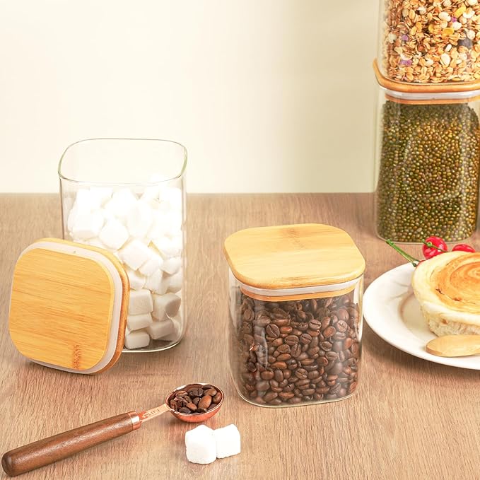 Glass Spaghetti Pasta Storage Container - 5 Pack Airtight Food Storage Jar Set with Bamboo Lid Labels - Square Kitchen Pantry Canister Organizers for Cookies Candy Coffee Bean Sugar Tea Spice Flour