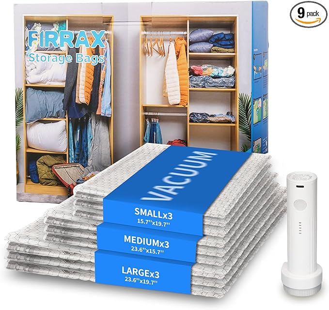 FIRRAX 9 Pack Vacuum Storage Bags for Travel with Pump, 3 Sizes