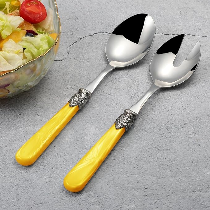 CATHYLIN 2-piece Salad Servers Stainless Steel Salad Serving Set Salad Fork and Spoon (Yellow)