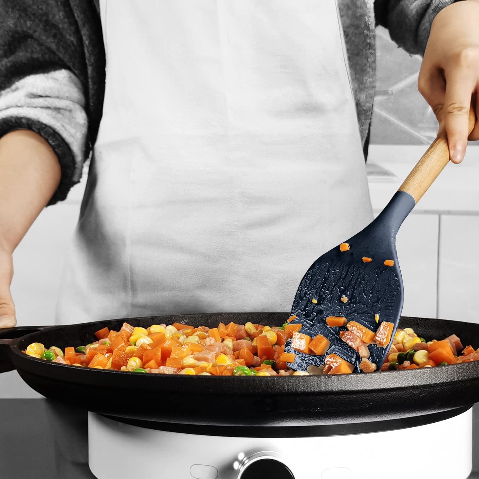 oannao Silicone Cooking Utensils Set - 446°F Heat Resistant Silicone Kitchen Utensils for Cooking,Kitchen Utensil Spatula Set w Wooden Handles, BPA FREE Gadgets for Non-Stick Cookware (Navy Blue)