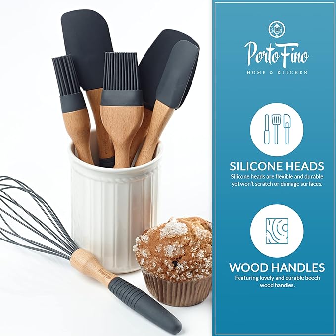PortoFino Baking Utensils Set 6 Pieces, Baking Essentials, Set of 3 Spatulas, 2 Pastry Brushes, 1 Whisk, Baking Tools, Spatulas Silicone Heat Resistant, Silicone Cooking Utensils, Kitchen Gifts, Grey