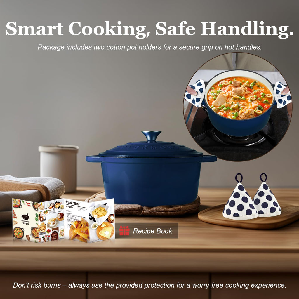 Overmont Enameled Cast Iron Dutch Oven - 5.5QT Pot with Lid Cookbook & Cotton Potholders - Heavy-Duty Cookware for Braising, Stews, Roasting, Sourdough Baking Indigo Blue