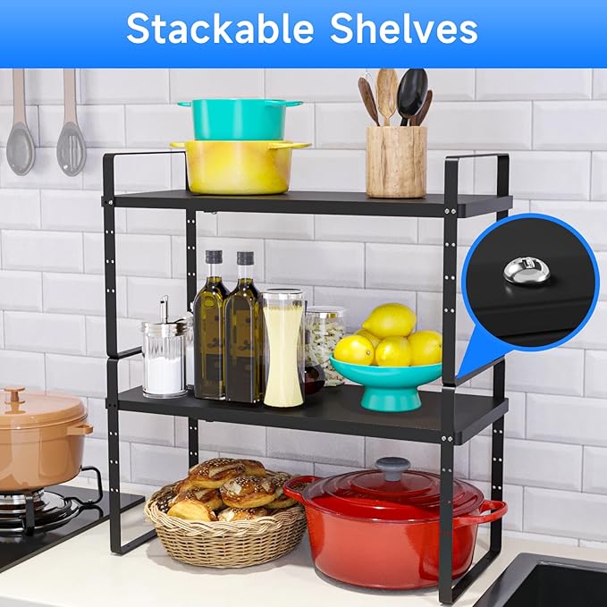 KIKIBRO Expandable Cabinet Shelf Organizer, Stackable Kitchen Pantry Counter Storage, Adjustable Closet Cupboard Stand Rack Risers Spice Organization 80LBS Heavy Duty Black Small 1 Pack