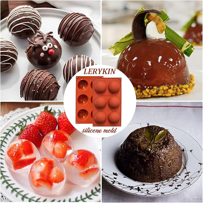Lerykin 3 Pack Large 6-Cavity Semi Sphere Silicone Molds, Non-Stick Baking Mold for Making Standard Size Hot Chocolate Bomb, Cake, Jelly, Dome Mousse