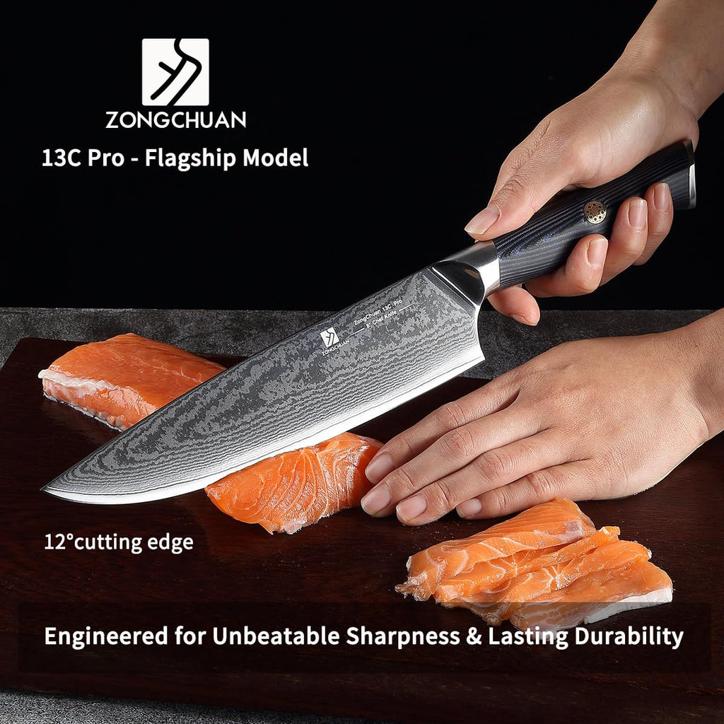 Chef Knife,8inch Damascus knife,67-Layer High Carbon Stainless Steel Kitchen Knife,Professiona Sharp Cutting Knives with Ergonomic G10 Blue Black Handle,Gift Box for Home and Kitchen Birthday Gift