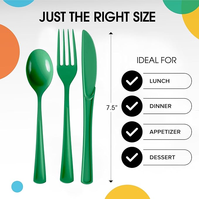 Party Solids Emerald Green Plastic Silverware Heavy Duty 150 Pieces Green Disposable Silverware Heavy Duty, Utensil Sets, 50 Of Each Forks, Knives & Spoons Disposable Cutlery Set For Party Supplies